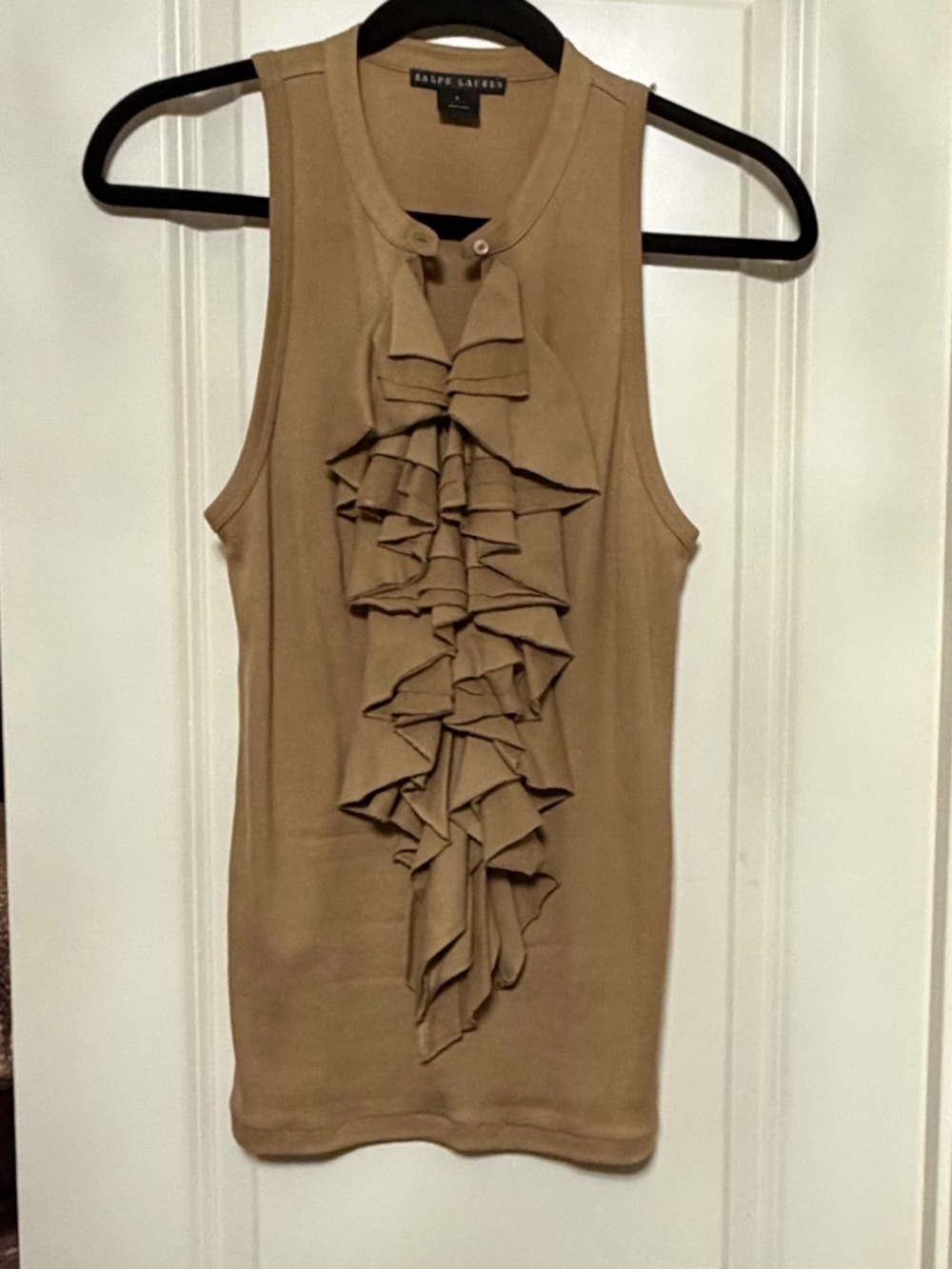 Ralph Lauren Black Label Tan Ruffle Sleeveless Top Size L - Picture 2 of 12